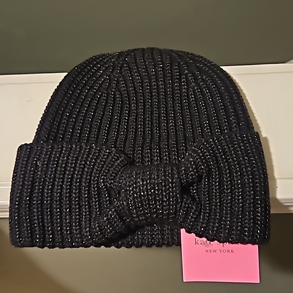 Kate Spade Black Metallic Bow Beanie Winter Hat NWT 💞HOST PICK 💞